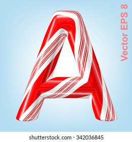 Mint hard candy cane vector alphabet collection striped in Christmas colours. Letter A. Eps 8 using mesh.