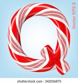 Mint hard candy cane vector alphabet collection striped in Christmas colours. Letter Q. Eps 8 using mesh.