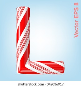 Mint hard candy cane vector alphabet collection striped in Christmas colours. Letter L. Eps 8 using mesh.