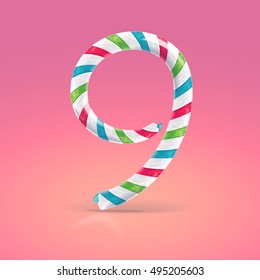Mint hard candy cane vector number collection striped in Christmas colours. Figure 9,  Vector illustration in cartoon style isolated from the background, EPS 10