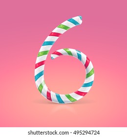 Mint hard candy cane vector number collection striped in Christmas colours. Figure 6, Vector illustration in cartoon style isolated from the background, EPS 10