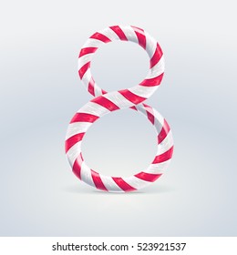 Mint hard candy cane vector number collection striped in Christmas colours. Figure 8, Vector illustration in cartoon style isolated from the background, EPS 10

