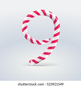 Mint hard candy cane vector number collection striped in Christmas colours. Figure 9, Vector illustration in cartoon style isolated from the background, EPS 10

