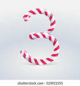 Mint hard candy cane vector number collection striped in Christmas colours. Figure 3, Vector illustration in cartoon style isolated from the background, EPS 10

