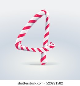 Mint hard candy cane vector number collection striped in Christmas colours. Figure 4, Vector illustration in cartoon style isolated from the background, EPS 10

