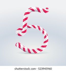 Mint hard candy cane vector number collection striped in Christmas colours. Figure 5, Vector illustration in cartoon style isolated from the background, EPS 10

