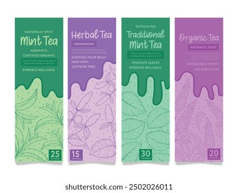 Mint herbal organic tea label aromatic healthy drink package cover minimal design template set vector flat illustration. Natural leaves herbs wellness dietary refreshing beverage with dry leaf pack