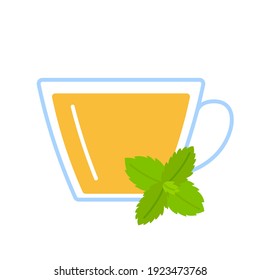 Mint herbal tea in glass cup. Teacup and leaves of fresh mint relax herb drink. Vector flat illustration