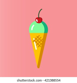 Mint ice cream in a cone. Vector illustration can be used as a poster, card, print, icon, logo.