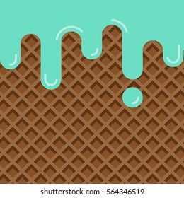 Mint Ice Cream Melted On Wafer Texture Background Flat Design, Vector Illustration