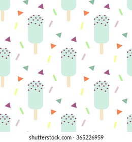 Mint ice cream seamless vector pattern. Blue ice cream stick with chocolate chips and triangle confetti. Kid sundae summer pattern.