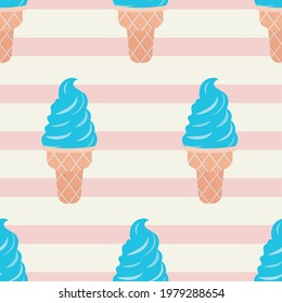 Mint ice cream Vector illustration in flat design Seamless pattern with waffle cones on light striped backdrop