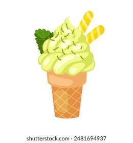 mint ice cream in waffle cone isolated on white background.