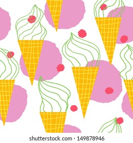 Mint ice cream in a waffle cup. Vector seamless pattern