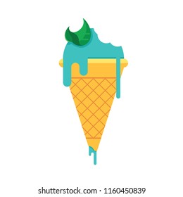 Mint ice cream in a waffle glass. Flat style. Vector.