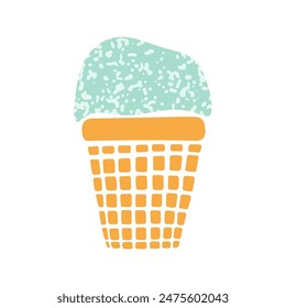 Mint ice-cream in wafer cup vector illustration. Cute gelato served in waffle cone in modern flat style with hand drawn texture for cards, menu, packaging, textile print, decoration. Summer dessert