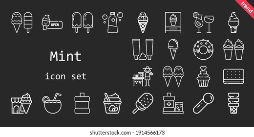 Minzsymbol-Set. Zeilensymbol-Stil. Minzensymbole wie Eis-Creme, Eis, Zahnpasta, Scoop, Mundwaschen, Cocktail, Eis, Limonade, Cupcake