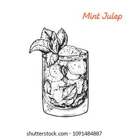 Mint Julep cocktail illustration. Alcoholic cocktails hand drawn vector illustration. Sketch style. 