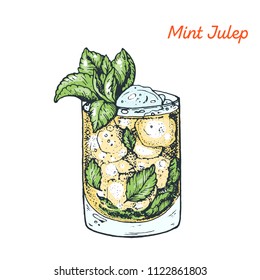 Mint Julep cocktail illustration. Alcoholic cocktails hand drawn vector illustration.