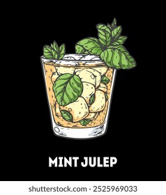 Ilustración de cóctel Mint Julep. Boceto dibujado a mano. Ilustración vectorial. Objeto aislado.