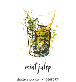 Mint julep cocktail on the watercolor splash. Hand drawn vector illustration. Can be used for menu, cafe, restaurant or bar.