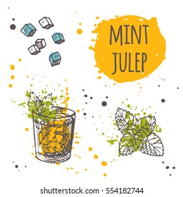 Cóctel de julep en la salpicadura acuática. Ilustración vectorial dibujada a mano. Se puede utilizar para menú, bar, cafetería, restaurante, afiche, pancarta, pegatina, pancarta y otros.