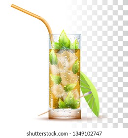 Mint Julep Cocktail Served In The Slightly Glass With Orange Straw, Mint Leaves, Umbrella And Ice Cubes. Front View. 3d Photo Realistic Vector Illustration Isolated On Transparent Background