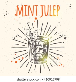 Mint julep. Hand drawn vector illustration. Freehand drink card for cafe, restaurant or bar. Can be used for menu, background, poster, banner, badge, emblem, sticker, placard and other design.