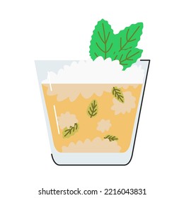 Tulce de verano dulce de menta julep en cristal de rocas aislado en blanco. Bebé largo tradicional de Kentucky con hojas de menta y cubos de hielo. Bebida alcohólica con jarabe de azúcar. Ilustración vectorial plana Mojito