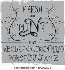 Mint label font and sample label design with decoration. Vintage font. Whiskey font. Fine label font. Handcrafted font. Decoration font. Font style. Retro font. Old font