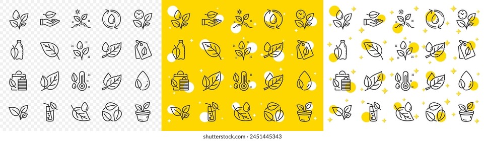 Mint leaf, Growing plants and Humidity thermometer icons. Plants line icons. Bottle with mint water, Nature care, leaf on hand. Gardening new flower, environment, water drop and thermometer. Vector