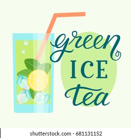 Mint leaf, ice cubes and lime slice of iced tea. Lettering poster. Vector flat style illustration