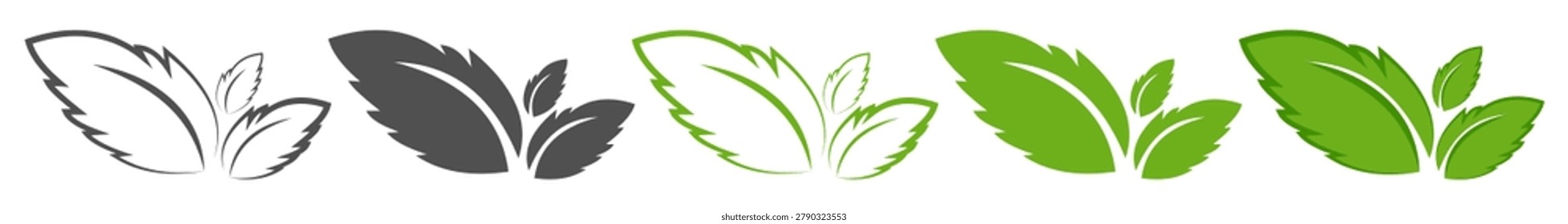 Mint leaf icons in both outline and solid black style. Botanical plant symbols on transparent background.