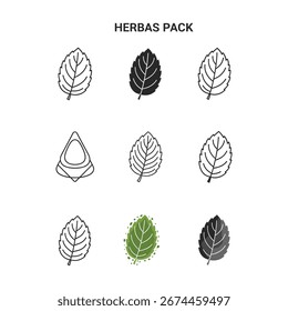 Mint leaf icons vector graphic set, line art, silhouette, and watercolor styles, botanical illustrations, plant vectors, decorative foliage, minimal design, modern flat style elements.