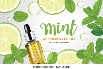 Mint leaf, lime fruit and vitamin C bottle with bubble on background template. Vector set of element for advertising, banner, packaging design of peppermint products.