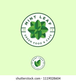 Mint leaf logos. Green food or grocery store emblems. Green leaves and letters in a circle. 