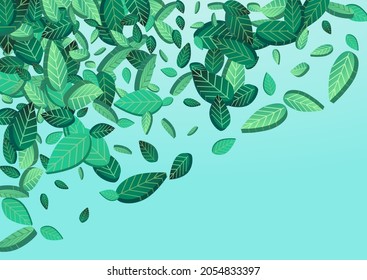 Mint Leaf Swirl Vector Blue Background Pattern. Forest Greens Border. Lime Leaves Flying Plant. Foliage Falling Brochure.