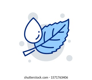 Hoja de menta con icono de línea de gota de agua. Signo de rocío de la planta natural. Símbolo de cuidado ambiental. Signo de diseño lineal. Icono de rocío de hojas coloridas. Vector