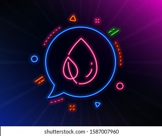 Mint leaf with water drop line icon. Neon laser lights. Nature plant dew sign. Environmental care symbol. Glow laser speech bubble. Neon lights chat bubble. Banner badge with leaf dew icon. Vector