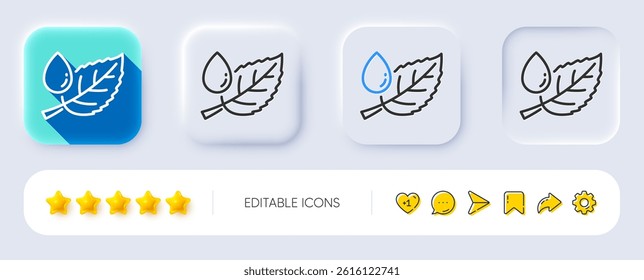 Mint leaf with water drop line icon. Neumorphic, Flat shadow, 3d buttons. Nature plant dew sign. Environmental care symbol. Line leaf dew icon. Social media icons. Vector