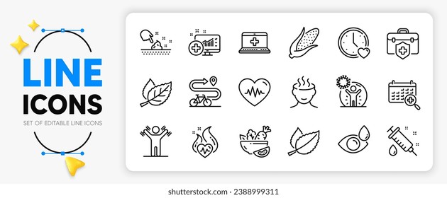 Mint leaves, Corn and Leaf line icons set for app include Dumbbells workout, Dating, Cardio training outline thin icon. Medical analytics, Salad, Medical calendar pictogram icon. Vector