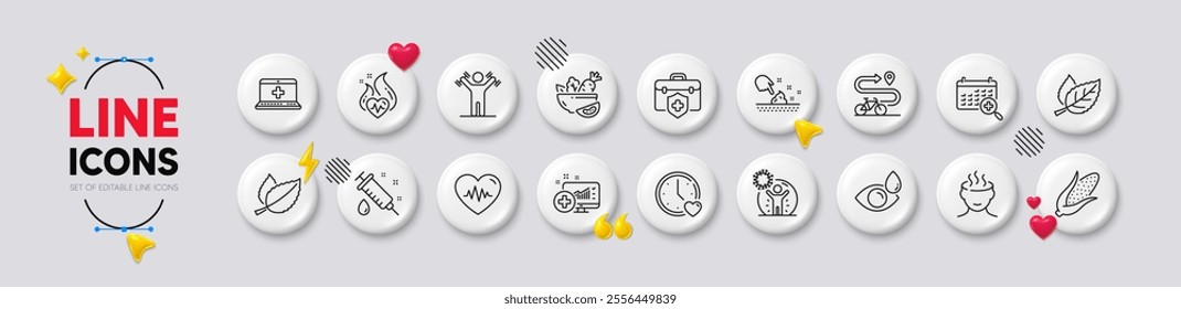 Mint leaves, Corn and Leaf line icons. White buttons 3d icons. Pack of Dumbbells workout, Dating, Cardio training icon. Medical analytics, Salad, Medical calendar pictogram. Vector