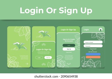 Mint leaves decorative user interface log in or sign up landing page template set vector flat illustration. Green botanical internet device screen homepage website mobile application vertical poster
