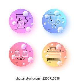 Mint leaves, Deluxe mattress and Ceiling lamp minimal line icons. 3d spheres or balls buttons. Sconce light icons. For web, application, printing. Mentha leaf, Sleeping pad, Chandelier light. Vector
