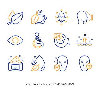 Mint leaves, Disabled and Face biometrics icons simple set. Uv protection, Mint tea and Skin cream signs. Eye, Water drop and 24 hours symbols. Face id, Clean skin. Line mint leaves icon. Colorful set