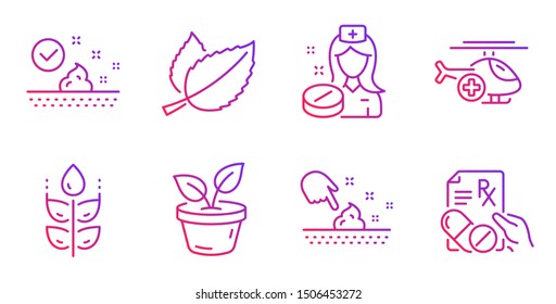 Mint leaves, Leaves and Gluten free line icons set. Medical helicopter, Nurse and Skin moisture signs. Skin care, Prescription drugs symbols. Mentha herbal, Grow plant. Healthcare set. Vector