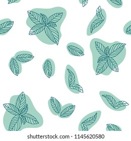 Mint leaves hand drawn vector seamless pattern. Peppermint, spicy herbs, kitchen texture, Doodle cooking ingredient for design package tea, wallpaper, cosmetics, textile, natural organ