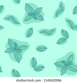 Mint leaves hand drawn vector seamless pattern. Peppermint, spicy herbs, kitchen texture, Doodle cooking ingredient for design package tea, wallpaper, cosmetics, textile, natural organ