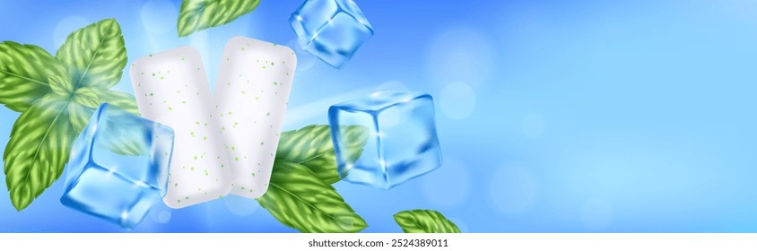 Mint leaves, ice cubes, and chewing gum on a blue background.