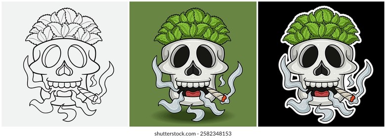 Mint Leaves Inside Skull Head With Smoking Character Cartoon. Black White, Colorful and Sticker Style. For T shirt print, Brand Logo, Label and Mascot product. Vectors Illustrations